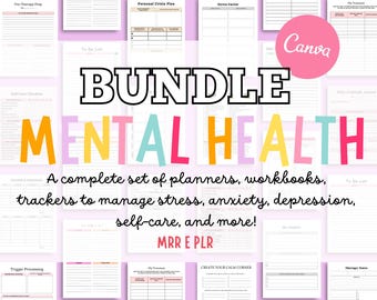 Planificador de autocuidado, planificador de salud mental (plantillas de Canva), planificador de diario de ansiedad, diario de gratitud, rastreadores de estado de ánimo, ansiedad y TDAH.