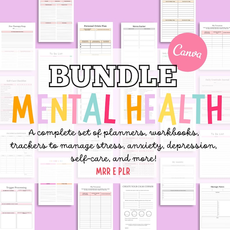 Puede incluir: Un paquete de planificadores, cuadernos de trabajo y rastreadores de salud mental imprimibles. La palabra "BUNDLE" est&aacute; en letras negras en negrita sobre las palabras "MENTAL HEALTH" en colores. El texto dice "Un conjunto completo de planificadores..."