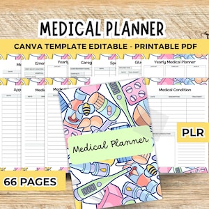 May include: A medical planner with the title "MEDICAL PLANNER" and the text "CANVA TEMPLATE EDITABLE - PRINTABLE PDF". The planner has a cover with medical-themed illustrations and the text "Medical Planner". The planner has 66 pages.