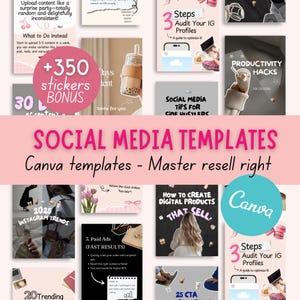 Può includere: Una raccolta di modelli di social media con il testo "SOCIAL MEDIA TEMPLATES" e "Canva templates - Master resell right." L'immagine include grafici con testo come "3 Steps Audit Your IG Profiles" e "How to Create Digital Products That Sell."
