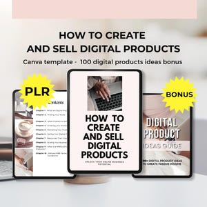 Plantilla de Canva sobre cómo crear y vender productos digitales, productos digitales MRR PLR, ingresos pasivos, ebook de marketing digital PLR listo para usar.