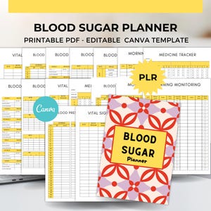 Pode incluir: Um conjunto de planejadores de glicemia imprimíveis. A capa apresenta um design geométrico vermelho e roxo com as palavras "BLOOD SUGAR Planner" em uma caixa amarela. Os planejadores incluem seções para rastrear a pressão arterial, refeições e medicamentos.