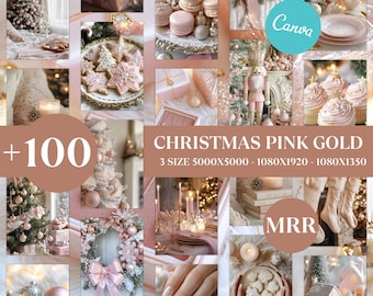 Christmas Pink & Gold Aesthetic Bundle 100+ photos Canva Template Elegant Holiday Social Media Kit PLR MRR Editable Digital Graphics