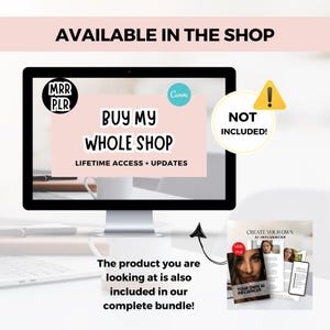 Może przedstawiać: Monitor komputera wyświetla tekst "BUY MY WHOLE SHOP" z napisem "LIFETIME ACCESS + UPDATES" poniżej. Obraz zawiera książkę zatytułowaną "CREATE YOUR OWN AI INFLUENCER" oraz tekst "Produkt, kt&oacute;rego szukasz, jest r&oacute;wnież zawarty w naszym kompletnym pakiecie!"