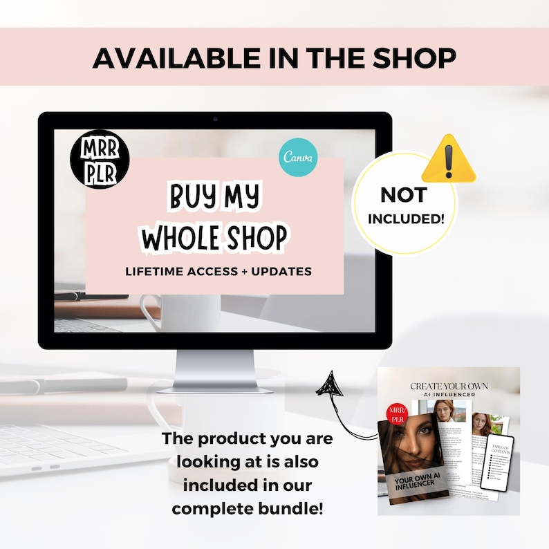 Może przedstawiać: Monitor komputera wyświetla tekst "BUY MY WHOLE SHOP" z napisem "LIFETIME ACCESS + UPDATES" poniżej. Obraz zawiera książkę zatytułowaną "CREATE YOUR OWN AI INFLUENCER" oraz tekst "Produkt, kt&oacute;rego szukasz, jest r&oacute;wnież zawarty w naszym kompletnym pakiecie!"