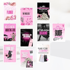 Op de afbeelding: Een verzameling roze en witte digitale gidsen op tablets. Titels zijn onder meer "That Girl Planner", "The Faceless Formula", "The Instagram Playbook" en "Faceless Digital Marketing Guide". Andere titels zijn "How to Sell on Instagram", "Let's Talk About Your Branding" en "The Rich Girl Guide to Wealth."