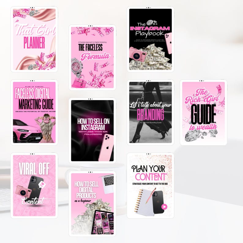 Op de afbeelding: Een verzameling roze en witte digitale gidsen op tablets. Titels zijn onder meer "That Girl Planner", "The Faceless Formula", "The Instagram Playbook" en "Faceless Digital Marketing Guide". Andere titels zijn "How to Sell on Instagram", "Let's Talk About Your Branding" en "The Rich Girl Guide to Wealth."