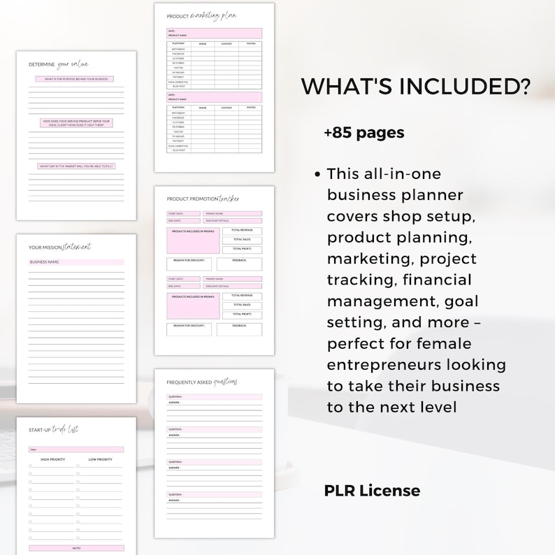 Pu&ograve; includere: Un business planner con dettagli rosa e pagine a righe. Il planner include sezioni per il marketing dei prodotti, la promozione e le domande frequenti. Il testo sulla pagina recita "What's Included?" e "PLR License."