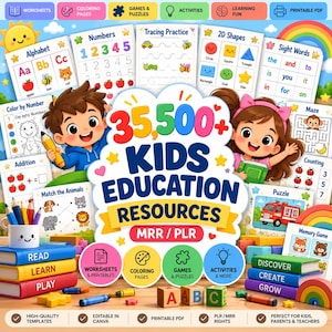 May include: A digital collection of 35,500+ kids education resources featuring worksheets, coloring pages, games, puzzles, and activities. The display includes colorful stacks of books, educational printables with letters, numbers, shapes, and sight words, and a pencil holder with a smiling face.