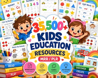 May include: A digital collection of 35,500+ kids education resources featuring worksheets, colouring pages, games, puzzles, and activities. The display includes colourful stacks of books, educational printables with letters, numbers, shapes, and sight words, and a pencil holder with a smiling face.