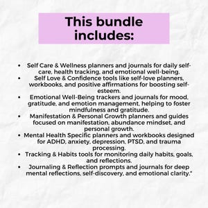 Puede incluir: Un paquete de planificadores, diarios y cuadernos de autocuidado y bienestar. Incluye herramientas para el amor propio, el bienestar emocional, la manifestaci&oacute;n, el crecimiento personal y la salud mental. El texto "This bundle includes:" est&aacute; en la parte superior.
