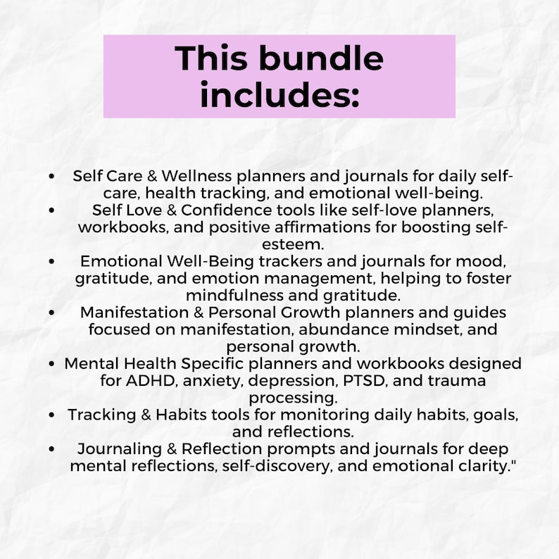 Puede incluir: Un paquete de planificadores, diarios y cuadernos de autocuidado y bienestar. Incluye herramientas para el amor propio, el bienestar emocional, la manifestaci&oacute;n, el crecimiento personal y la salud mental. El texto "This bundle includes:" est&aacute; en la parte superior.