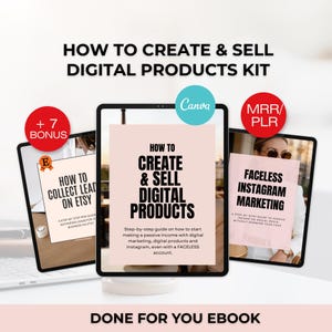 May include: A digital products kit with three tablets displaying ebook covers. The titles include "How to Create & Sell Digital Products," "How to Collect Leads on Etsy," and "Faceless Instagram Marketing." The kit includes a "Done For You Ebook" and bonus content.