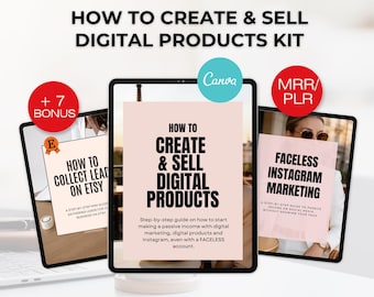 Zestaw produktów cyfrowych PLR MRR, Jak tworzyć i sprzedawać produkty cyfrowe, Pakiet e-booków Etsy Faceless Instagram Marketing, Przewodniki DFY + bonusy