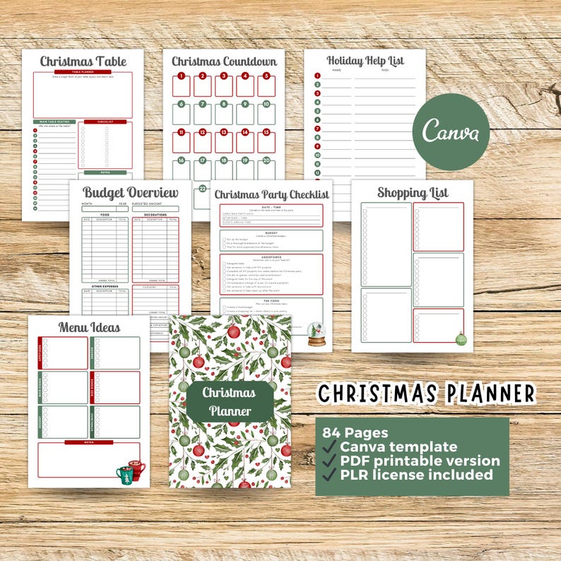 May include: A Christmas planner with pages for planning, including a table, countdown, budget overview, and checklist. The planner has a green and red colour scheme with festive illustrations and the text "Christmas Planner."