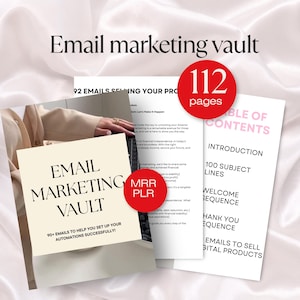 May include: An email marketing guide titled "Email Marketing Vault" with 112 pages. The guide includes 90+ emails to help set up automations successfully. A red circle indicates "MRR PLR". The table of contents is visible.