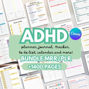 Può includere: Un pacchetto di pagine di pianificazione stampabili con il testo "ADHD" e "planner, journal, tracker, to do list, calendar and more!" in verde e bianco. Il pacchetto include oltre 1400 pagine, con modelli per lo studio, il monitoraggio delle entrate e la pulizia.