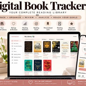 Op de afbeelding: Een digitale boeken-tracker interface weergegeven op een laptop en smartphone scherm. De software toont een bibliotheekoverzicht met boekomslagen, leesstatistieken en voortgangsbalken. Tekst bevat: Digital Book Tracker, Your Complete Reading Library, Track, Organize, Review, Analyze, Reach Your Goals en Bookish.