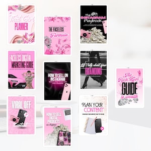 May include: A collection of pink digital guides and planners on tablets. Titles include "That Girl Planner," "The Faceless Formula," and "The Instagram Playbook." Other titles include "Faceless Digital Marketing Guide" and "How to Sell on Instagram."