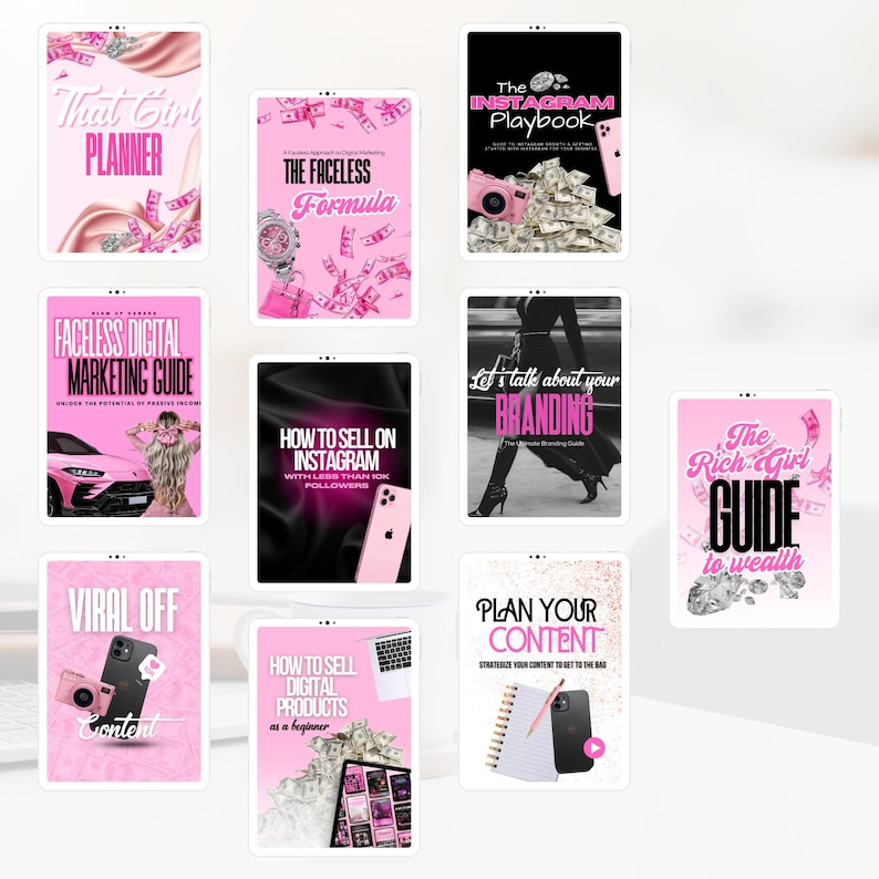 May include: A collection of pink digital guides and planners on tablets. Titles include "That Girl Planner," "The Faceless Formula," and "The Instagram Playbook." Other titles include "Faceless Digital Marketing Guide" and "How to Sell on Instagram."
