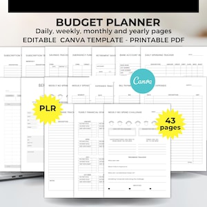 Budgetplanerare finanspaket canva-mall, budgetjournal, utgiftsspårare, digital PLR-produkt, budgetplanerare PLR