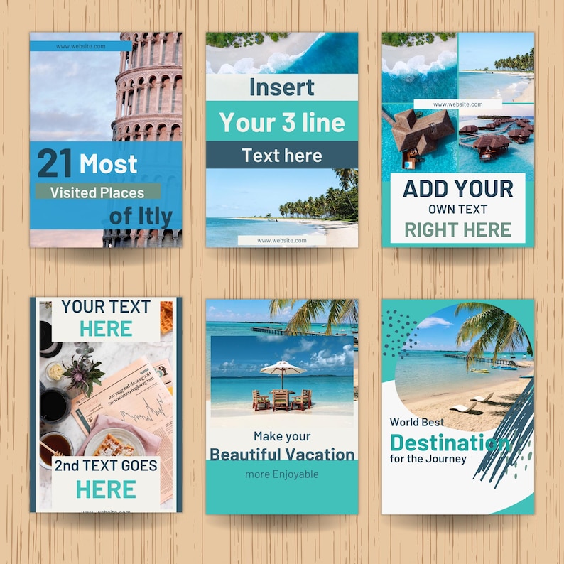 May include: A collection of six travel-themed social media templates with a wooden background. Each template features a different design, including images of Italy, beaches, and text overlays such as "21 Most Visited Places of Itly" and "Make your Beautiful Vacation".