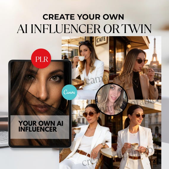 AI Influencer Guide Create Your AI twin PLR guide canva template influencer ebook, ai Content Creator Guide, Digital Product resell right