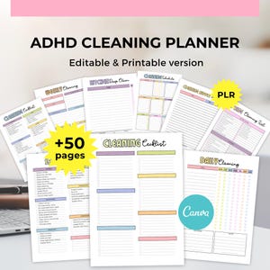 ADHD Schoonmaakplanner canva sjabloon plr, Schoonmaakchecklist en -schema, Opruimen, Grondige schoonmaak, Schoonmaak per zone, Takenoverzicht