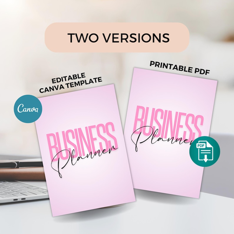 Pu&ograve; includere: Sono presentati due modelli di business planner rosa, uno con l'etichetta "Modello Canva modificabile" e l'altro "PDF stampabile". Le parole "BUSINESS Planner" sono in rosa, con un carattere corsivo sottostante. Sono visibili anche un logo Canva e un'icona PDF.