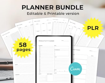 May include: A planner bundle with editable and printable versions. The image shows a tablet displaying a productivity planner, surrounded by various planner pages. The bundle includes 58 pages and is designed with Canva. Text on the image includes "Planner Bundle" and "PLR."