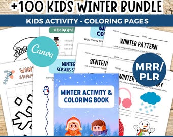Kids Winter Activity Bundle 100 Printable worksheets Canva Editable Templates, Coloring Pages, Do a dot, Holiday Busy Book | PLR MRR