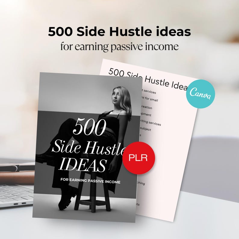500 idéer för extrainkomst, e-bok, guide till passiv inkomst, Canva-mall, redigerbar PLR-återförsäljning bild 1