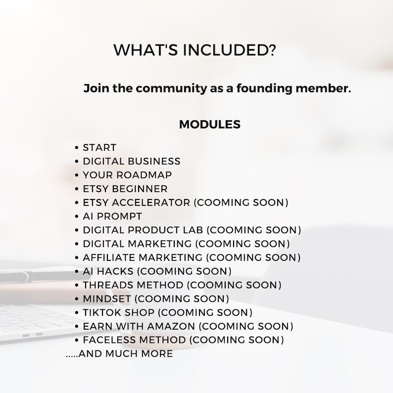May include: A digital information graphic titled WHAT'S INCLUDED? listing modules such as START, DIGITAL BUSINESS, YOUR ROADMAP, ETSY BEGINNER, ETSY ACCELERATOR, AI PROMPT, DIGITAL PRODUCT LAB, DIGITAL MARKETING, AFFILIATE MARKETING, AI HACKS, THREADS METHOD, MINDSET, TIKTOK SHOP, EARN WITH AMAZON, FACELESS METHOD, AND MUCH MORE.