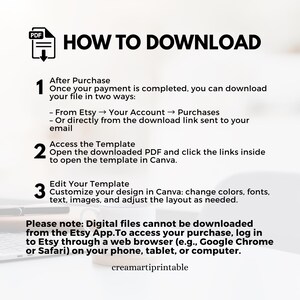 May include: A white graphic with the title "HOW TO DOWNLOAD" and numbered steps explaining how to download a digital file after purchase. Instructions include accessing the file from Etsy or email, opening the PDF, and editing the template in Canva.