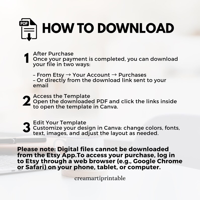 May include: A white graphic with the title "HOW TO DOWNLOAD" and numbered steps explaining how to download a digital file after purchase. Instructions include accessing the file from Etsy or email, opening the PDF, and editing the template in Canva.