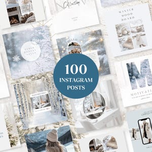 May include: A collection of 100 Instagram post templates with a winter theme. The templates feature snowy landscapes, cozy interiors, and text overlays such as "Cyber Monday Sales" and "Winter Mood Board". The central image has the text "100 Instagram Posts" in a blue circle.