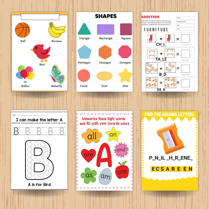 May include: Educational printables for kids featuring colorful illustrations and learning activities. Includes shapes, addition problems, letter tracing, sight words, and a missing letters game. Designed for early childhood education.