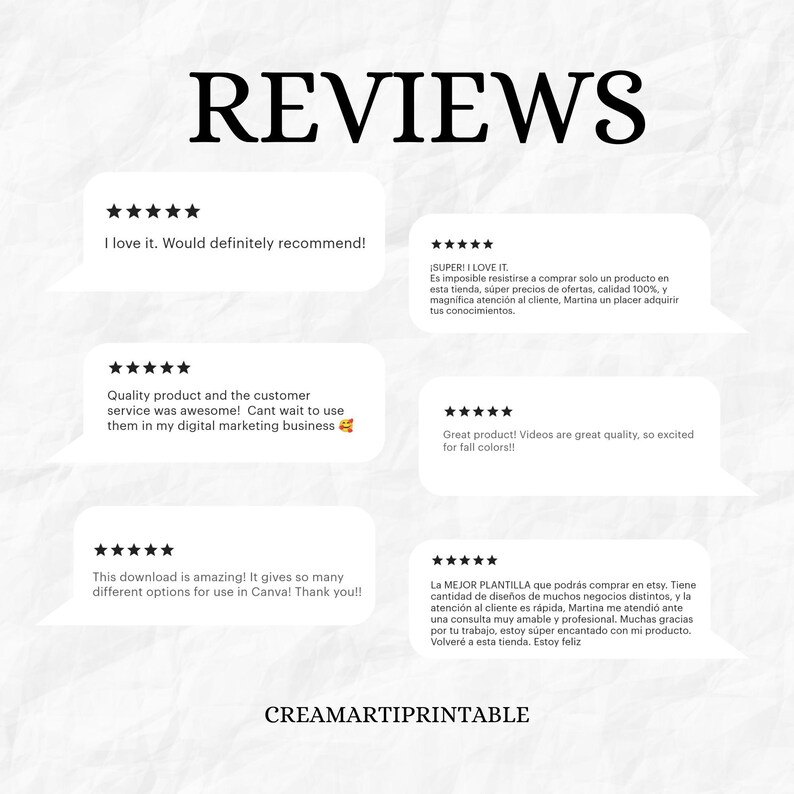 May include: Five customer reviews with five stars each. The reviews are in speech bubbles with a white background and black text. The reviews are positive and highlight the quality of the products and the customer service. The reviews are in English and Spanish.