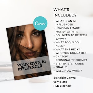 Może przedstawiać: Okładka produktu cyfrowego z twarzą kobiety częściowo zasłoniętą. Wyświetlany jest tekst "YOUR OWN AI INFLUENCER". Dodatkowy tekst zawiera "WHAT'S INCLUDED?" i listę temat&oacute;w związanych z influencerami AI. Widoczne jest logo Canva.