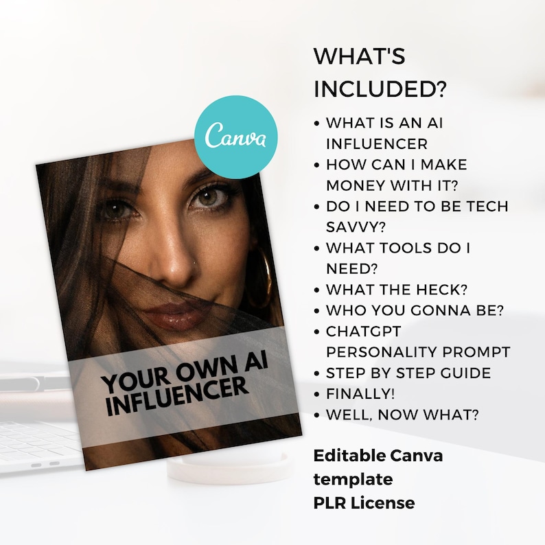 Może przedstawiać: Okładka produktu cyfrowego z twarzą kobiety częściowo zasłoniętą. Wyświetlany jest tekst "YOUR OWN AI INFLUENCER". Dodatkowy tekst zawiera "WHAT'S INCLUDED?" i listę temat&oacute;w związanych z influencerami AI. Widoczne jest logo Canva.