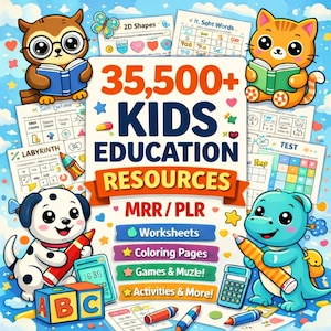 35500 Lernmaterialien für Kinder (PLR/MRR, Weiterverkaufsrechte), Lernpaket für Kinder: Druckbare Seiten, Malbuch, Arbeitsblätter, Spiele, Zahlen