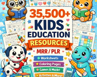 35500 Paquete de recursos educativos para niños PLR MRR derecho de reventa, páginas imprimibles del paquete de aprendizaje para niños, libro para colorear, hojas de trabajo, juegos, números