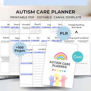 Può includere: Un Autism Care Planner bianco con un design arcobaleno e puzzle. Il planner include oltre 100 pagine ed è un modello Canva modificabile in PDF stampabile. La copertina presenta mani colorate e il testo "Autism Care Planner".