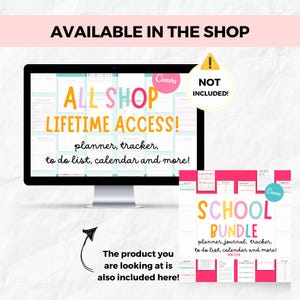 K&ouml;nnte beinhalten: Ein Computermonitor zeigt einen digitalen Planer mit dem Text "ALL SHOP LIFETIME ACCESS!" und "planner, tracker, to do list, calendar and more!". Ein "SCHOOL BUNDLE"-Planer wird ebenfalls angezeigt. Das Bild enth&auml;lt den Text "AVAILABLE IN THE SHOP".