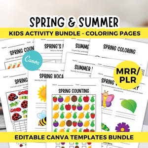 Può includere: Un pacchetto di pagine di attività per bambini stampabili con il testo "Spring & Summer Kids Activity Bundle - Coloring Pages". Le pagine includono esercizi di conteggio, colorazione e vocabolario. Il pacchetto è etichettato "Editable Canva Templates Bundle".