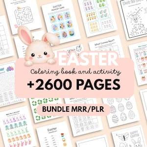 Può includere: Una raccolta di pagine da colorare e attività a tema pasquale. L'immagine presenta una simpatica grafica di coniglietto e il testo "EASTER Coloring book and activity +2600 PAGES BUNDLE MRR/PLR". Le pagine includono labirinti, giochi di abbinamento e fogli da colorare.