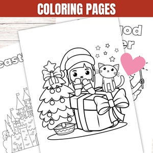 May include: Black and white coloring pages with the text "COLORING PAGES" at the top. One page features a Christmas scene with a girl, a cat, a Christmas tree, and a gift. Another page shows a castle.