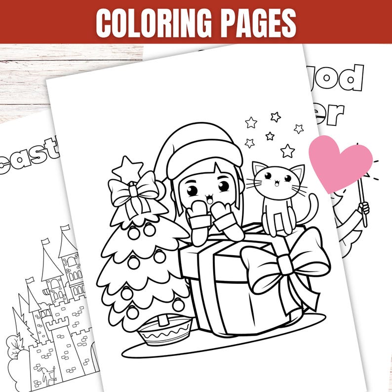 May include: Black and white coloring pages with the text "COLORING PAGES" at the top. One page features a Christmas scene with a girl, a cat, a Christmas tree, and a gift. Another page shows a castle.
