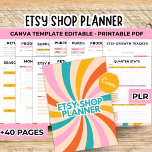 Puede incluir: Un planificador de tienda Etsy con una colorida portada con un diseño retro de rayas naranjas, amarillas, rosas y turquesas. El planificador incluye páginas para el seguimiento de ventas, gastos y crecimiento. El texto de la portada dice "ETSY SHOP PLANNER".