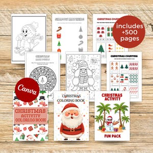 May include: A selection of Christmas activity books and colouring pages. The books feature illustrations of snowmen, Santa Claus, and Christmas trees. The text includes "Christmas Activity Coloring Book", "Christmas Maze Puzzle", and "Fun Pack". The image also includes the text "includes +500 pages".